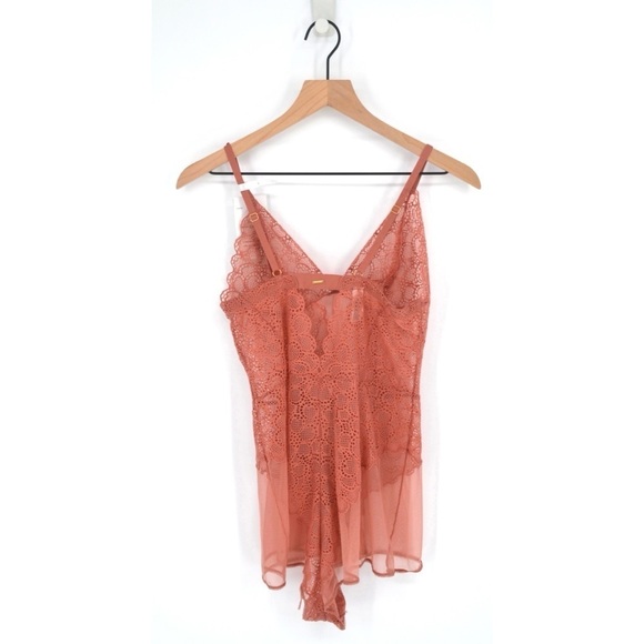 NEW DKNY Lace Mesh Teddy Romper Sheer Bodysuit S Pajamas Pink Women's L - Picture 3 of 10